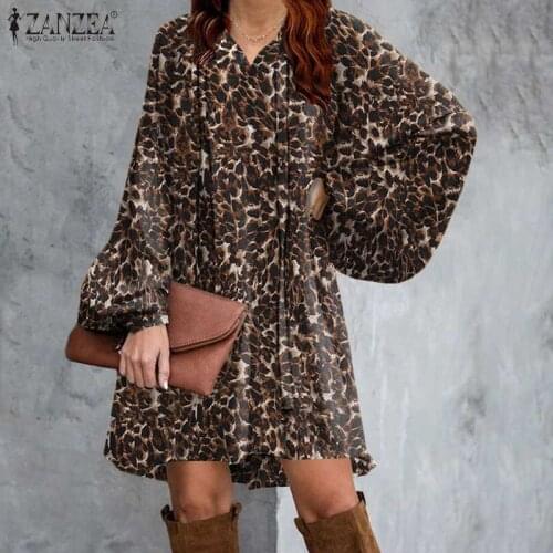 ZANZEA 2021 Spring Print Shirt Dress Stylish Womens Leopard SundressPuff Sleeve Short Vestidos Female Robe Femme