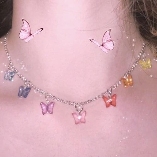 Vintage Y2K Candy Color Butterfly Pendant Necklace For Women Charms Punk Choker Necklace Gossip Girl 90s Jewelry Aesthetic Gifts