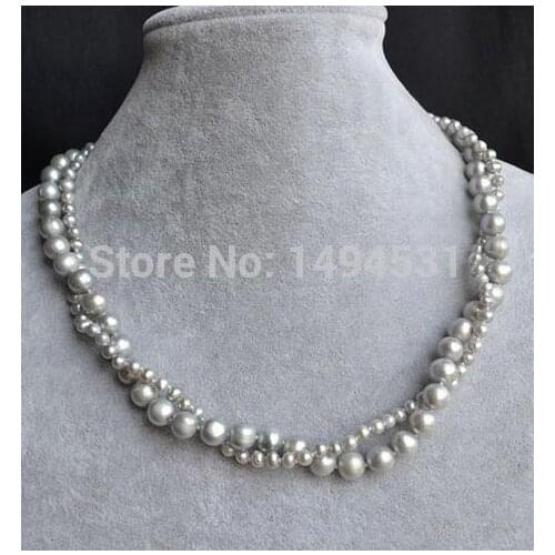 Wholesale Pearl Jewelry ,Gray Color 2 Strands 18 Inches 4-8mm Natural Freshwater Pearl Necklace , Wedding Bridesmaids Jewelry