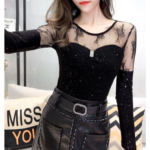 Ladies shirt 2020 spring new sexy lace shirt slim mesh top plus size long sleeve shirt women t shirt mesh sleeve fashion clothes