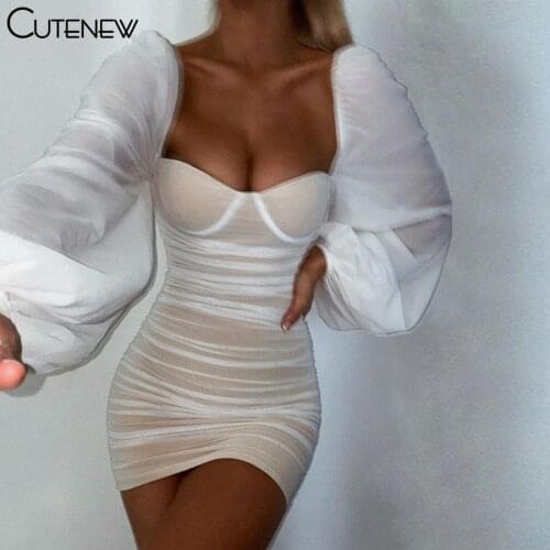 Cutenew Solid Ruched Mesh Lantern Sleeve Bodycon Mini Dress Women 2021 Spring New Sexy Square Collar Backless Dresses Streetwear