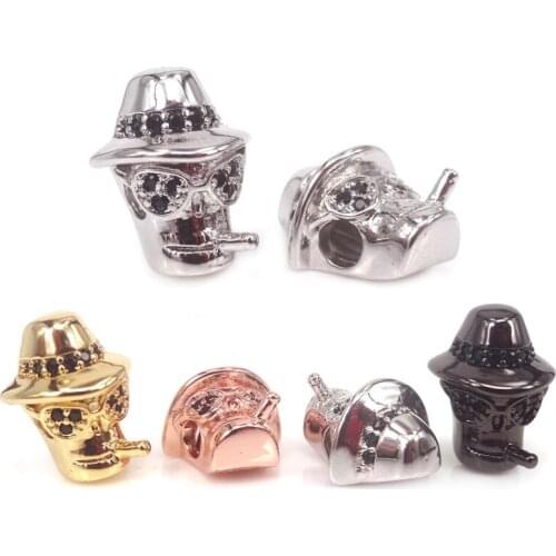 Black Silver Gold Color Cowboy head Charm Beads Fit Men Bracelets Making DIY,Micro Pave Black CZ Cool Skull Metal Beads 10Pcs