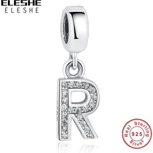 100% 925 Sterling Silver Alphabet R Letter Beads Charm with Cubic Zirconia Bead Fit Original Charm Bracelet DIY Jewelry