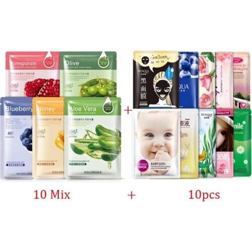BIOAQUA 20Pcs Korean Plant Extract Sheet Facial Mask Skin Care Face Mask Remove Blackheads Hydrating Moisturizing Mask