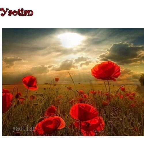 Red Poppy Flower Sunset The Scenery 5D DIY Diamond Painting Full Square Drill Diamond Embroidery Mosaic Needlework Handmade Gift
