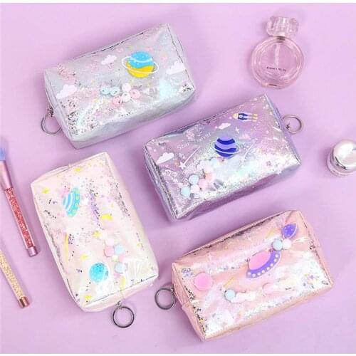 Holographic Zipper Pencil Case Portable Key Coin Purse Cosmetic Makeup Bag PU Stationery Storage Pouch