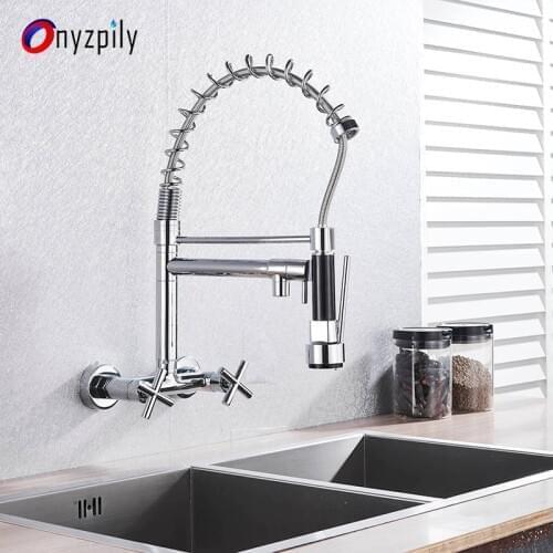 Onyzpily Chrome Kitchen Faucet Pull Down Sprayer Dual Handles Dual Holes 360 Degree Rotation Kitchen Sink Faucets Torneira de co