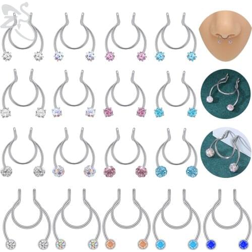 ZS 1 Piece Stainless Steel Fake Septum Ring Colorful CZ Crystal No-Pierced Nose Piercings Faux Hoop Nostril Piercings Jewelry