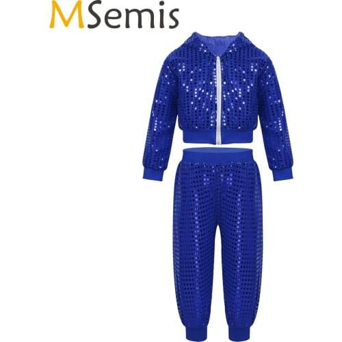 Teens Kids Hip Hop Clothing Shiny Sequins Hooded Tops Jacket with Pants for Girls Boys Jazz Dance Costumes Street Outfits 3-14Y