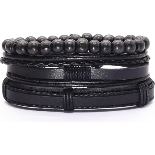 Vintage 3 Pcs/set Handmade Weave Black Brown Genuine Leather Men Bracelets For Women Wood Beads Homme Male Gift Jewelry