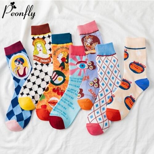 PEONFLY New 2020 Spring Summer Harajuku Funny Socks Casual Cartoon Pattern Happy Socks Hip Hop Cotton Calcetines Mujer