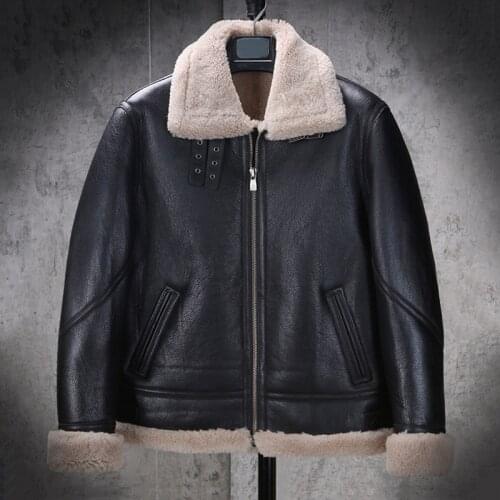 New Mens B3 Shearling Coat Black Leather Jacket Short Motorcycle Jacket Thicken Fur Coat Sheepskin Coat