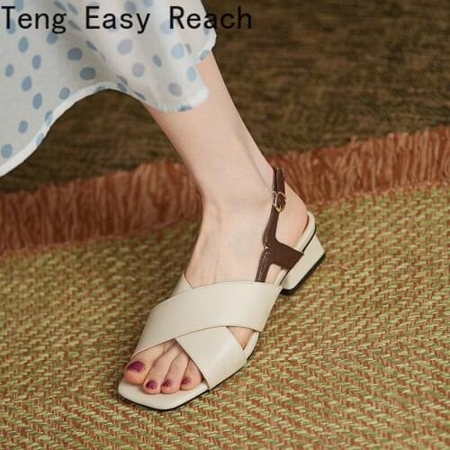 Women Sandals 2021 Summer 4CM High Heels Shoes Woman Mixed Colors Leather Ankle Straps Ladies Peep Toe Square Casual Sandals