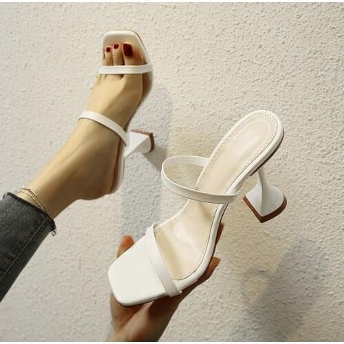 Fashion Slippers Women Outside Square Toe PU Leather High Heels Ladies Sandals Summer Narrow Band Pumps Woman Slides 2021 Female