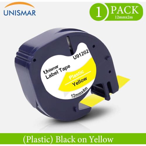 Unismar LT Label Tape 91202 91332 91222 Black on Yellow Cssette Ribbon Compatible for DYMO LetraTag LT-100H LT-100T Label Print