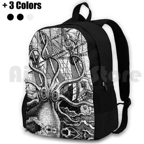 Vintage Kraken Attacking Ship Illustration Outdoor Hiking Backpack Riding Climbing Sports Bag Sea Monster Kracken Giant Squid