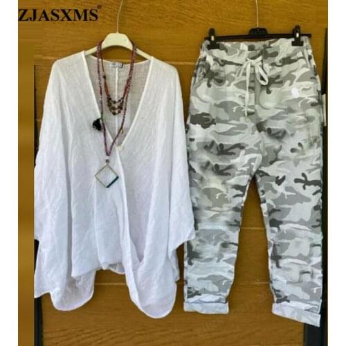 Camouflage Print Cotton Linen Women Sets Spring Deep V Neck Button Shirt and Drawstring Pants Suit Autumn Batwing Sleeve Outfits