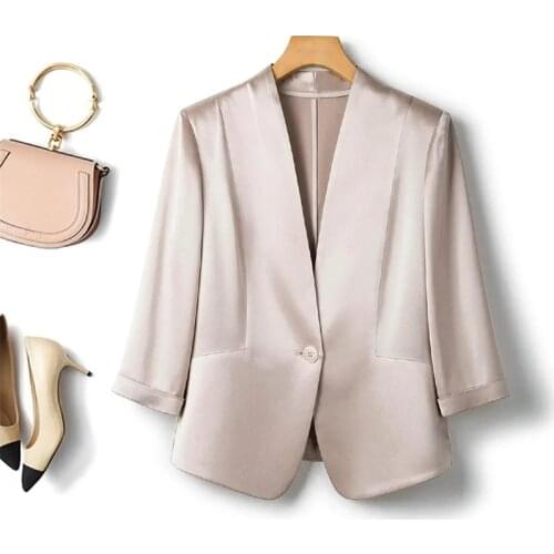 Acetate Blazer Womens Short 2021 Autumn New high-End Quality One Button Three-Quarter Sleeve Black Suit Jacket Women Basic Coat