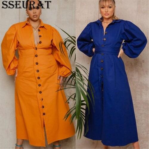 SSEURAT Elegant Office Ladies Dress Women Long Dresses 2021 Ladys Puff Sleeve Lapel Collar Sundress Vestido