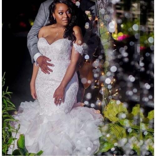 African Plus Size Mermaid Wedding Dresses Off the Shoulder Lace and Rulle Ruffles Back Lace Up Bridal Gown vestidos de novia