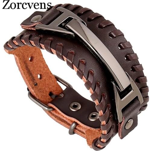 ZORCVENS 2020 Vintage Punk Leather Bracelet 2 Color Black & Brown Fashion Clasp Multilayer Braid Rope Bracelet for Men Jewelry