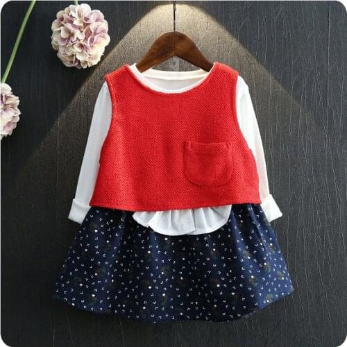 2016 Korean Childrens Garment Autumn 2 Pieces Set New Pattern Girl Baby Satchel Countryside Fresh Dress Vest Suit