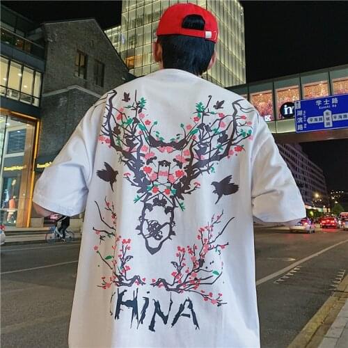 2020NEW Fashion Japanese Harajuku Style T-shirt For Men Deer Flora Print Dropped Shoulder Korean Couple Clothing Oversize