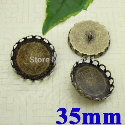 35mm Vintage Antique Bronze Blank Bases Cabochons Style Circle Edge Lace Bezel Back Loop Buttons Jewelry Findings Wholesale