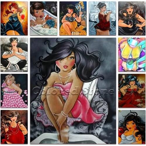 New Diamond painting Fat lady cartoon Woman Girl beautiful beauty 5D Full Square Drill embroidery Cross stitch Round mosaic FW11