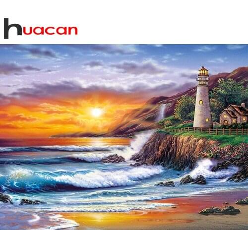 Huacan 5D DIY Diamond Painting Seaside Lighthouse Diamond Embroidery Mosaic Landscape Personalized Gift Pictures For The Home