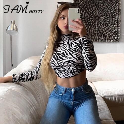Iamhotty Backless Bandage Sexy Womens Top Autumn Zebra Print Long Sleeve Fitness Slim Tshirt E-gril Harajuku 90s Clothes Summer