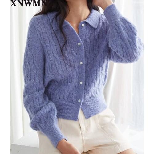 High quality Turn-down Collar Women Knit Cardigan Long Sleeve Single-breasted Purple Sweater Stripes Short Knitwear Top 2020 New