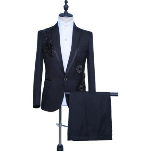 Black blazer men applique suit set with pants mens wedding suits latest coat pant designs singer stage clothing formal dress
