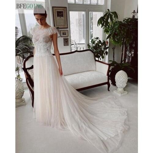 Ivory Lace Tulle Scoop Cap Sleeves Floor -Length A-Line Wedding Dresses Chapel Train Bridal Gowns Custom Made