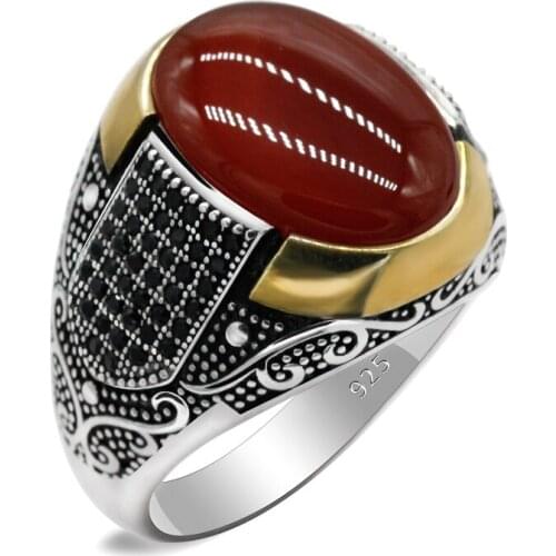 S925 Sterling Silver Rings for Men Women Turkish Vintage Agate Ring Jewelry With Natural Red Stone Real Thai Silver Male Gift