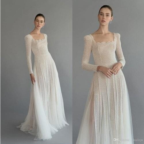 Modest A Line Wedding Dresses Square Long Sleeve Tulle Beads Wedding Gowns Floor Length robe de mariée