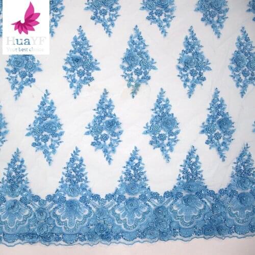 Sky Blue French Tulle Lace With Beads Net Embroidery Sequence Fabrics For Wedding Dress HY0993