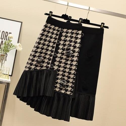 2xl Autumn Winter Thousand Bird Knitted Skirt Women Irregular Skirts Womens 2021 New Spring Single-breasted Hold Skirts Woman