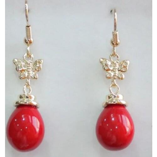 Womens fashion style metal plated butterfly accessories 12x16mm red water drop Shell Pearl Earrings