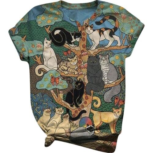 Mujer Camisetas Woman Tshirts Oversize Plus Size Harajuku Cat Retro Short Sleeved O-Neck Tops Tee T-Shirt женские футболки N