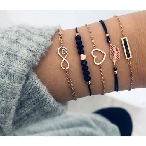 6 pcs/set Love Heart Infinity Symbol Charm Bracelets for Woman Gold Link Chain Bracelets Hollow Feather Black Beads Braclet Girl