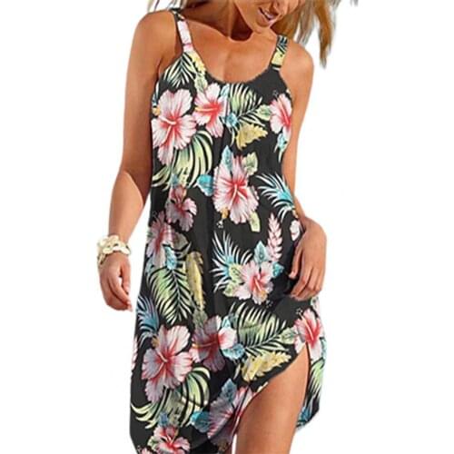2021 Summer Women Sundress Sleeveless Floral Print Over Knee A Line Printing Dress for Beach Holiday Dress