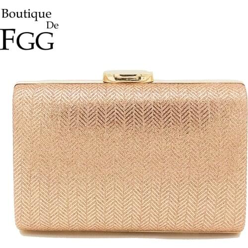 Boutique De FGG European and American Fashion Herringbone Pattern Women Champagne Evening Party Bags Metal Clutch Handbag Purse