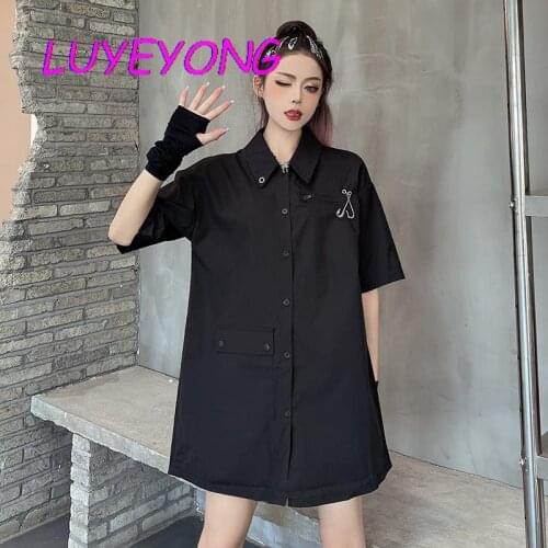 Summer Lapel Collar Lady Short Sleeve Belt Dresses Black Safari Style Women Mini Shirt Dress Single Breasted Pin Pocket Shirts