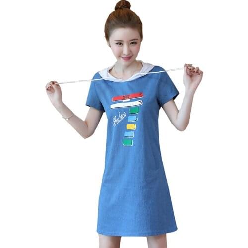 2020 new summer women hooded denim dresses fashion medium long casual loose thin short-sleeved cowboy dress female clothes tide
