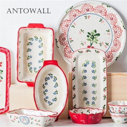 ANTOWALL Cherry baking tableware set binaural rectangular cheese risotto dish ceramic baking dish hand-painted Western plate