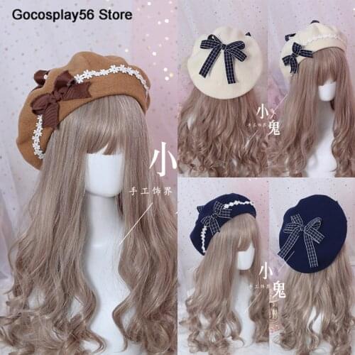 9 Colors Lolita Berets Wool Blend Hat Women Girls Bow Plaids Stripes Sailor Style Preppy Chic College Students Flowers Cap Adult