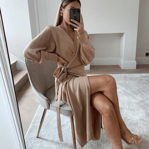BKLD Women Fall Clothing 2020 Sexy Slim Lace Up Split Dresses For Women Long Sleeve V-neck Knitted Sweater Dress Club Outfits