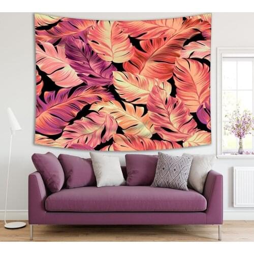 Tapestry Tropical Leaves Palms Banana Trees Big Leaf Plants Summer Exotic Nature Realistic Artwork Pink Beige Black