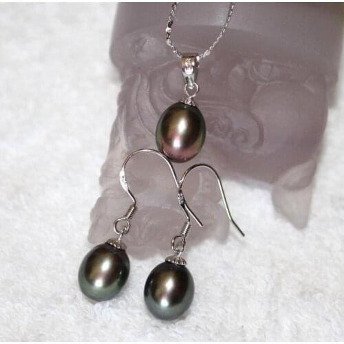 Hot sell new - Genuine Freshwater black Drop Pearl Pendant Necklace SET Silver